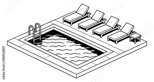 Isometric line art illustration of a swimming pool depicting pool ladders and multiple sun loungers for summer and relaxation concepts