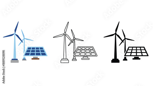 An illustration of wind turbines and solar panels in different colors and styles