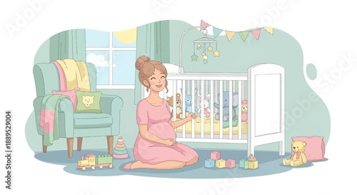 Expectant Mother in Nursery Room Preparing for Baby with Crib and Toys, Surrounded by Serene
