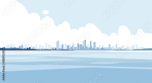 A serene minimalist panorama of a modern cityscape illustration, abstract skyscrapers across tranquil water under a vast, cloudy sky, embodying peaceful urban development