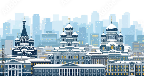 Detailed pixel art illustration of a snow-covered cityscape featuring intricate European-style architecture under a hazy sky, evoking a serene winter metropolis scene
