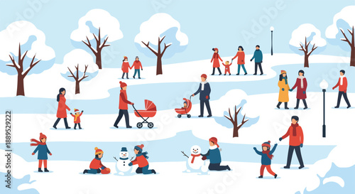 A joyful winter wonderland scene in a public park, bustling with diverse families and individuals enjoying festive snow activities, from building snowmen to leisurely strolls on a chilly day