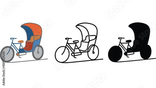 Three different colored tricycle illustrations side by side on a white background