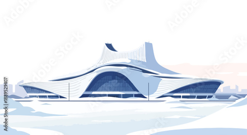 Striking futuristic architectural design illustration of a modern stadium or arena with unique geometric shapes and a sleek, contemporary aesthetic, set against a subtle background