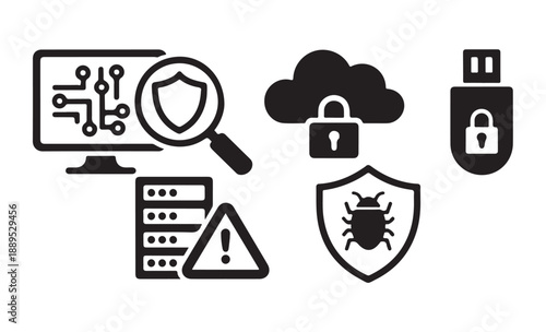 Set of cybersecurity icons: computer with shield and magnifying glass, cloud lock, server alert