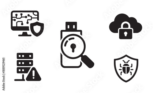 Cybersecurity icon set with computer shield, USB search, cloud lock, server alert, bug shield