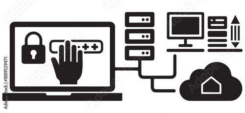 Cyber security network concept with laptop, padlock, hand, servers, desktop, cloud storage