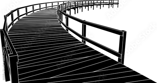 Winding wooden boardwalk silhouette stretching into the distance