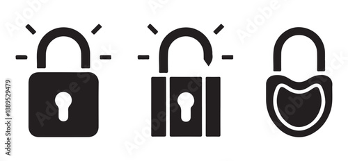 Padlock and unlocked padlock security icons for digital protection and privacy access