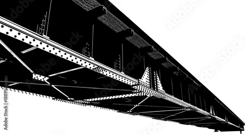 Underneath view of a steel girder bridge with rivet details