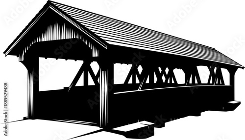 Traditional timber covered bridge silhouette in perspective view