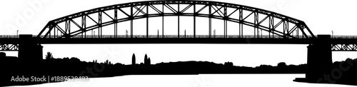 Wide silhouette of an arch bridge over a river with cityscape