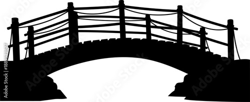 Small arched rope and wood bridge silhouette over rocks