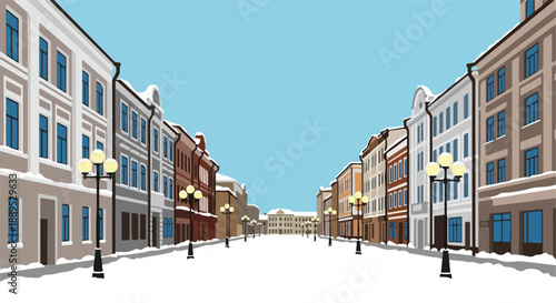 A tranquil winter city street scene, featuring historical buildings adorned with fresh snow, classic street lamps, and a clear blue sky, portraying peaceful urban beauty