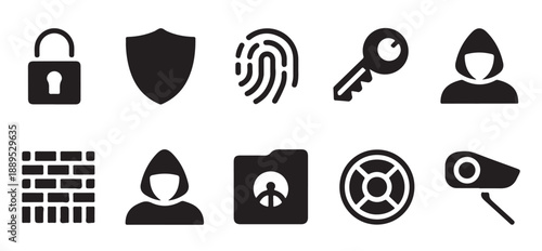 Cybersecurity and surveillance icon set featuring fingerprint lock firewall and hacker icons