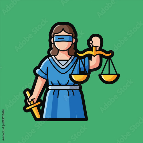 A cartoon illustration of a lady justice
