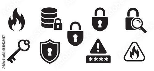 Information security management icons with database locks password alerts and firewall symbols