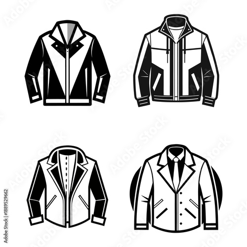Set Of Four Men's Jacket Illustrations: Leather Biker, Bomber, Blazer, And Suit Coat