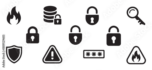 Data security and protection black icon set cyber security information safety vector
