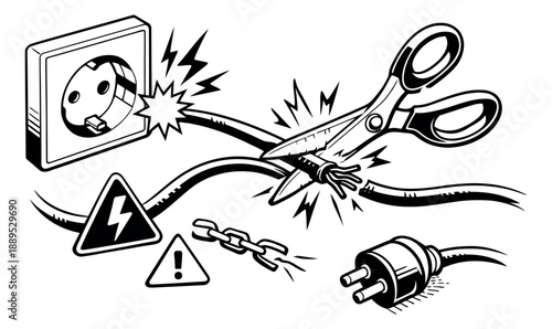 Hand drawn line art electrical danger set featuring scissors cutting a cable, a wall outlet, an electric plug, and hazard warning signs for industrial safety awareness