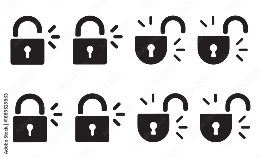 © MDABDUR - Padlock opening sequence icons showing security breach and access granted vector silhouette