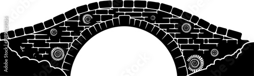 Rustic stone arch bridge silhouette decorated with spiral fossil patterns