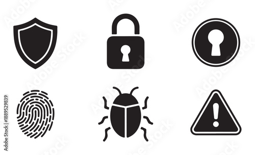 Biometric authentication and virus alert icons for cyber security design vector silhouette