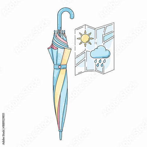 Colorful umbrella beside weather forecast illustration for planning dates  