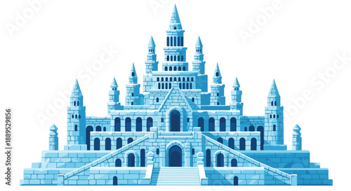 Enchanting ice palace illustration with grand staircases and majestic towers, evoking a sense of fantasy and winter wonder