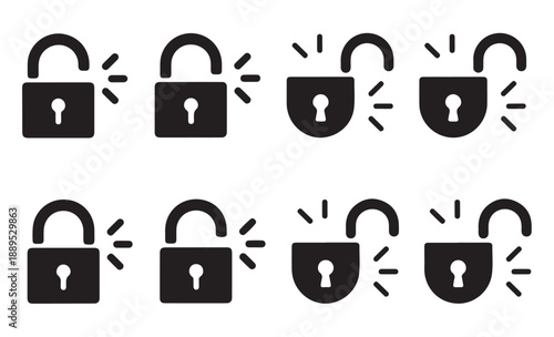 Padlock opening sequence icons showing security breach and access granted vector silhouette