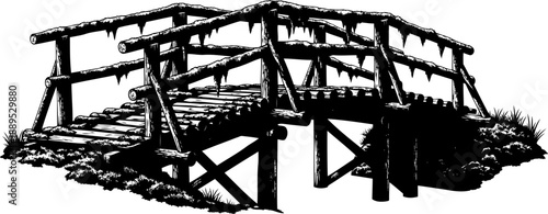 Rustic log bridge silhouette with rough timber railings