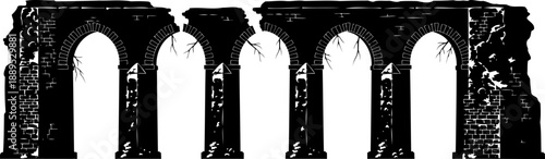 Ruined ancient stone aqueduct broken arches silhouette