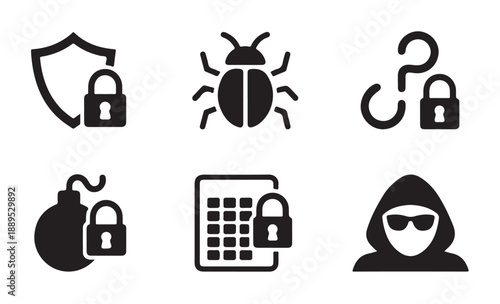 Hacker and cyber threat icon set featuring malware bomb and secure keypad vector silhouette