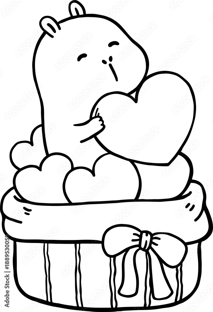 Fototapeta premium Kawaii Valentine Capybara With Hearts In Bag Cartoon Hand Drawn black and white Illustration