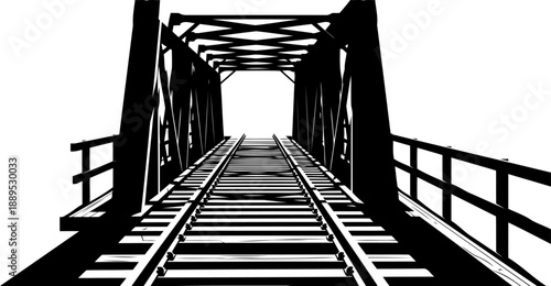 Perspective view looking through a steel truss railway bridge