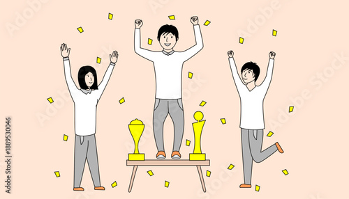 man is standing on a table with a trophy and two people congratulated