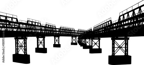 Perspective silhouette of a long metal truss railway bridge