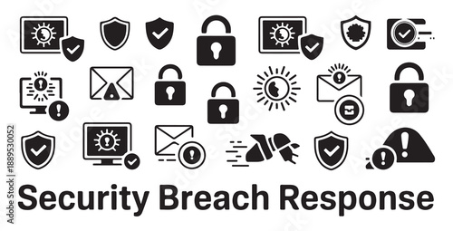 Security breach response black icons set, cyber attack and data incident management symbols