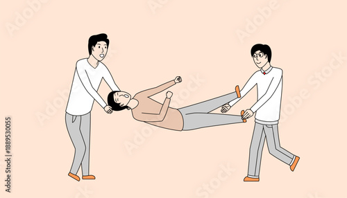 two people are lifting a person who is lying down