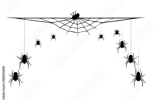 Hanging Spiders and Web Border Silhouette Vector – Creepy Halloween Arachnid Decoration Icon