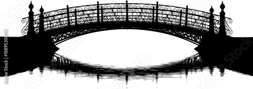 Ornate wrought iron bridge with water reflection silhouette