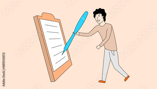 Man is writing on a piece of paper with a blue pen