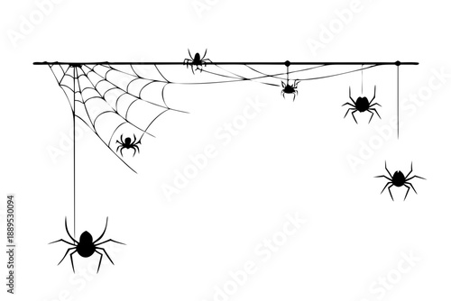 Hanging Spiders and Web Border Silhouette Vector – Creepy Halloween Arachnid Decoration Icon