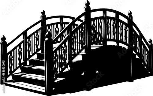 Ornate wooden bridge with steps silhouette for landscape design