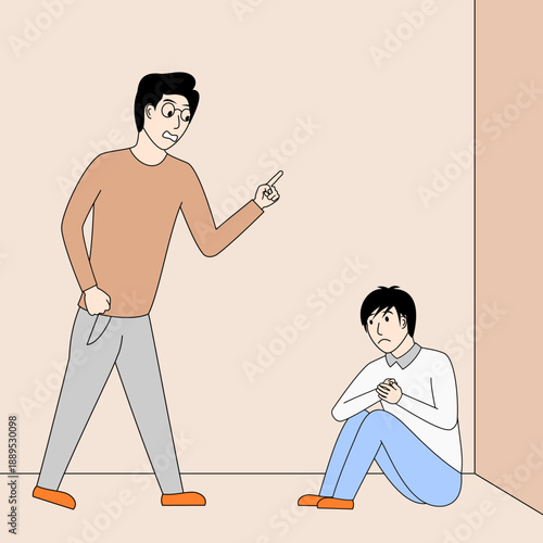 Man is pointing at a boy. boy is bullied by other people