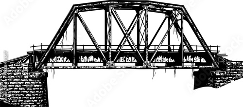 Old steel truss bridge on stone piers silhouette