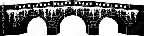 Old stone arch bridge silhouette covered in hanging ivy vines