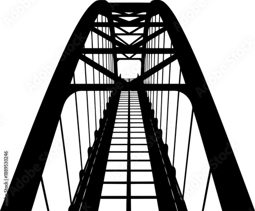 Modern suspension arch bridge silhouette from a central perspective