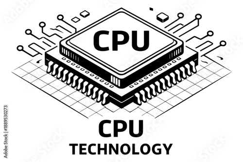 Line art illustration of a CPU microchip depicting complex electronic circuitry for modern computing and information technology