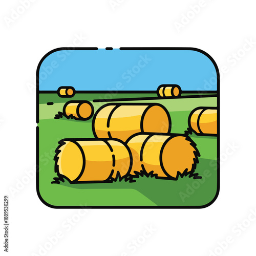 A cartoon illustration of hay bales on a green field